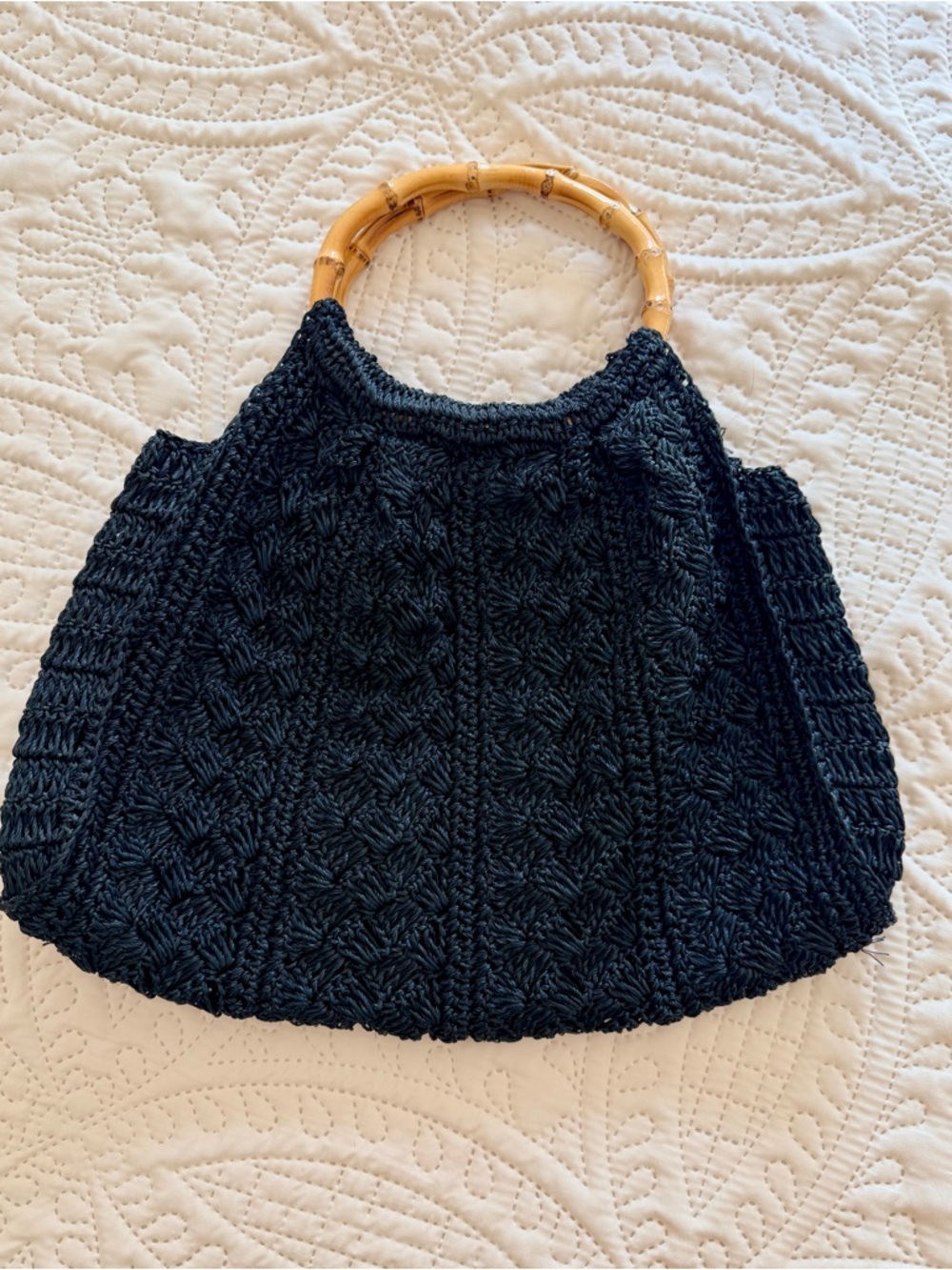 Vintage 1970s Black Woven Raffia Bamboo Handle Bag Boho Resort Tote